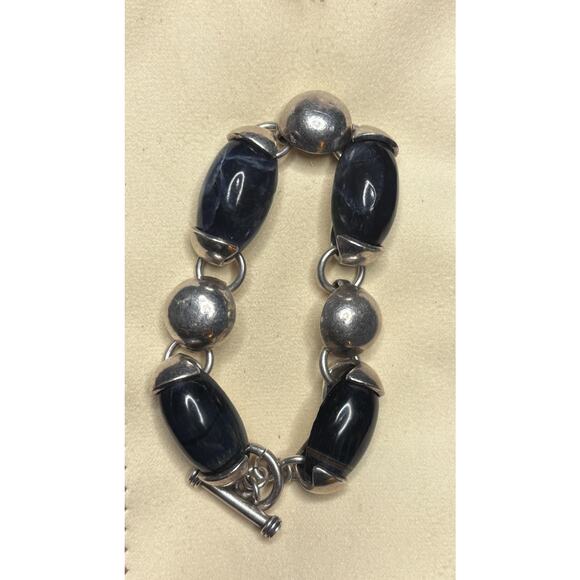 Vintage Sterling Silver Chunky Blue Sodalite Cabochon Link Toggle Bracelet - Picture 2 of 6